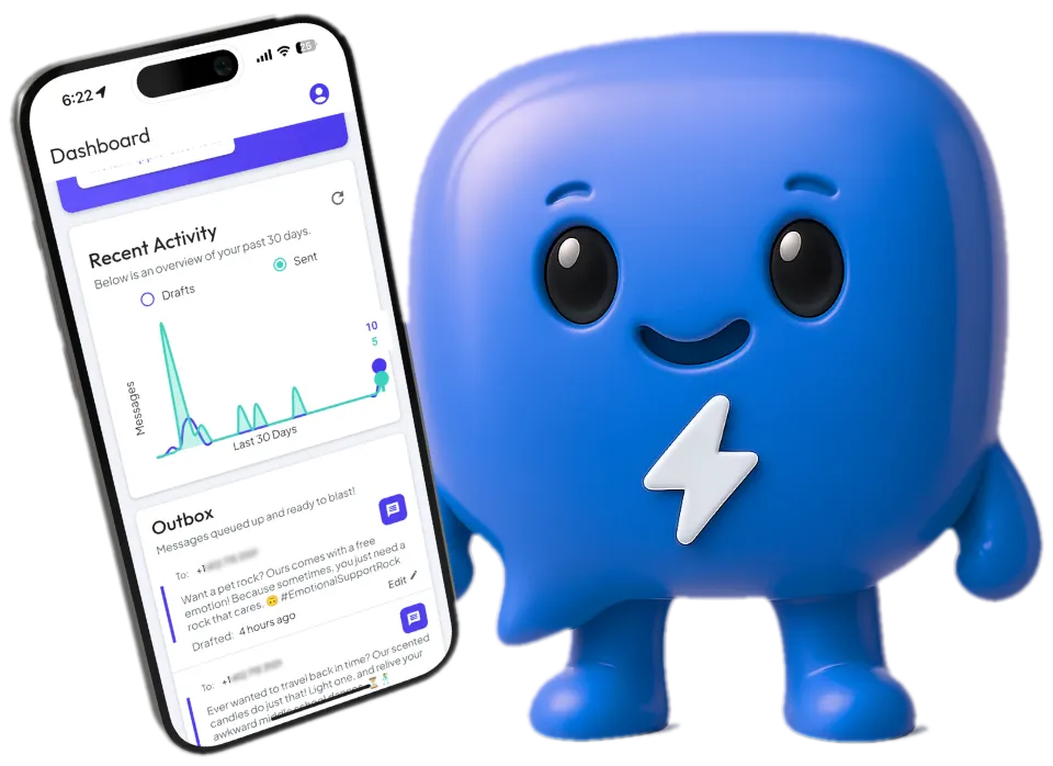 The autoMessage mascot next to an iPhone showing the dashboard