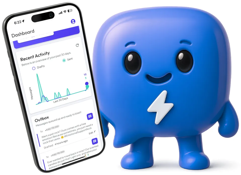 The autoMessage mascot beside an iPhone showing the dashboard